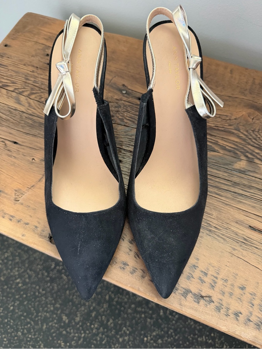 Ann Taylor Black Suede Pointed Slingback Heels with Gold Bow Accent
